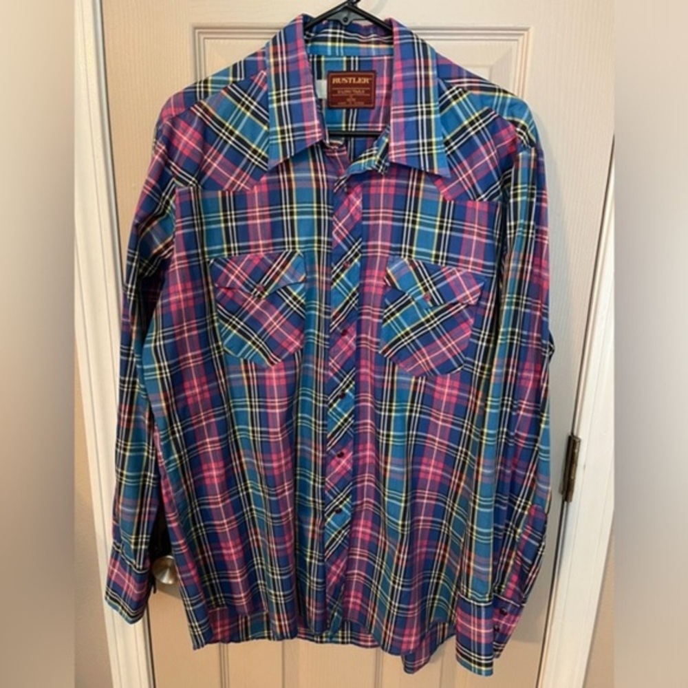 Rustler vintage jewel toned men’s plaid pearl snap long sleeve western shirt. 17